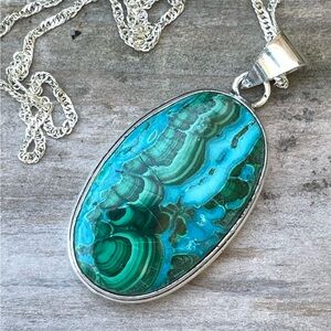 😵 Chrysocolla Malachite fusion inclusion pendant necklace 925 Sterling teal